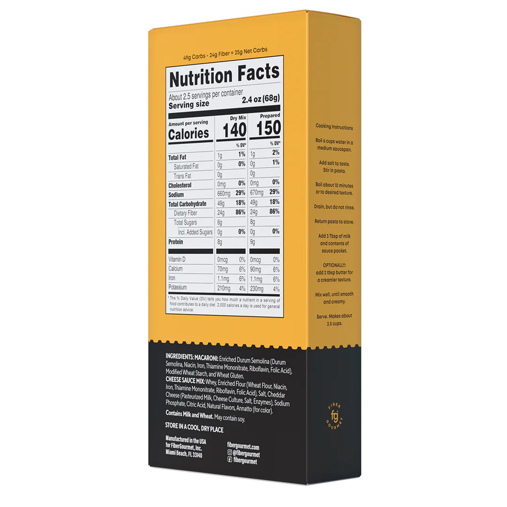 Macaronis au fromage Fiber Gourmet - Faibles en calories et riches en fibres - 170 g