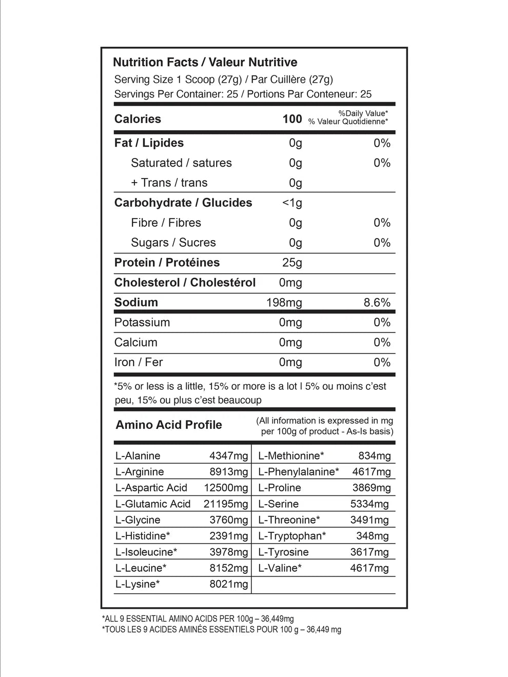 Nutrition facts label for a protein supplement with detailed nutritional information.