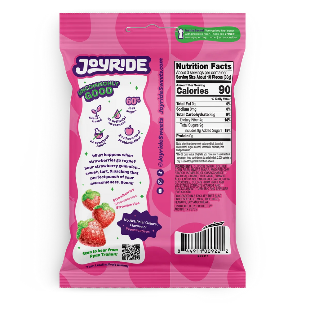 Joyride Sour Strawberry Gummies – Low Sugar Sour Worms, 3.5 oz