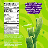 Nutrition facts panel for Joyride Sour Green Apple Strips, showing 70 calories, 4g sugar, and 8g fiber per serving