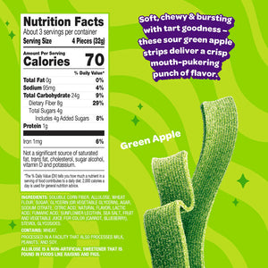 Nutrition facts panel for Joyride Sour Green Apple Strips, showing 70 calories, 4g sugar, and 8g fiber per serving