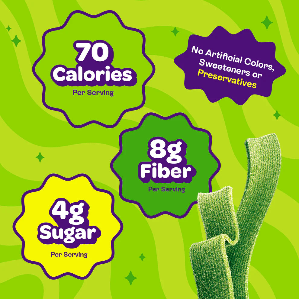 Joyride Sour Green Apple Strips with 70 calories, 8g fiber, and 4g sugar per serving