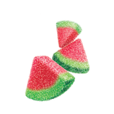 Close-up of Joyride Sour Watermelon Wedges, chewy sour candy wedges coated with sugar