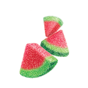 Close-up of Joyride Sour Watermelon Wedges, chewy sour candy wedges coated with sugar
