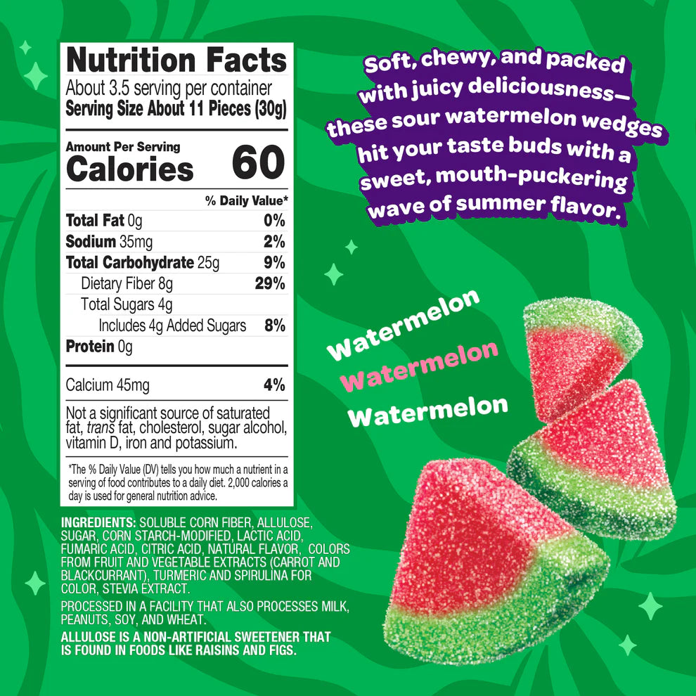 Nutrition facts panel for Joyride Sour Watermelon Wedges, showing 60 calories, 4g sugar, and 8g fiber per serving