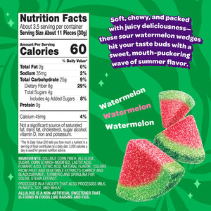 Nutrition facts panel for Joyride Sour Watermelon Wedges, showing 60 calories, 4g sugar, and 8g fiber per serving