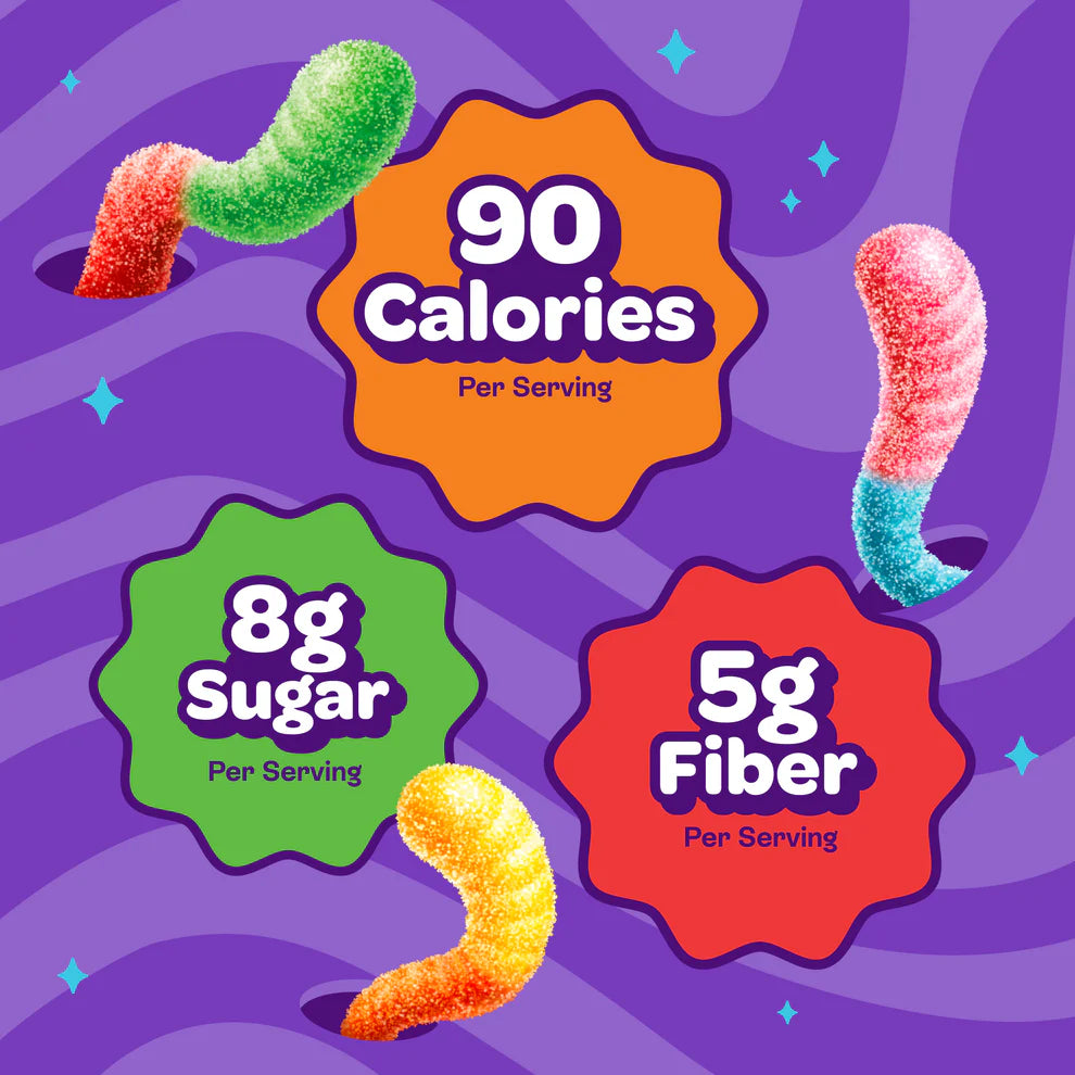 Nutritional highlights of Joyride Sour Worms showing 90 calories, 8g sugar, and 5g fiber per serving with colourful gummy worms on a purple background.