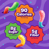 Nutritional highlights of Joyride Sour Worms showing 90 calories, 8g sugar, and 5g fiber per serving with colourful gummy worms on a purple background.