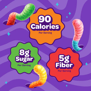 Nutritional highlights of Joyride Sour Worms showing 90 calories, 8g sugar, and 5g fiber per serving with colourful gummy worms on a purple background.