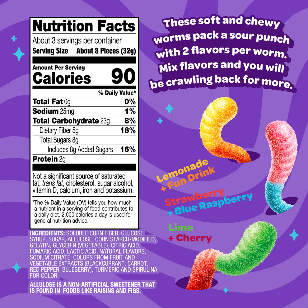 Nutrition facts panel for Joyride Sour Worms, showing 90 calories, 8g sugar, and 5g fiber per serving