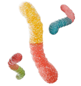 Close-up of colourful Joyride Sour Worms coated in sugar, featuring red, yellow, green, and blue gummy worms on a transparent background.
