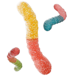 Close-up of colourful Joyride Sour Worms coated in sugar, featuring red, yellow, green, and blue gummy worms on a transparent background.