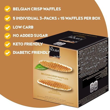 La Nouba Belgian Crisp Waffles box with highlighted features: low carb, no sugar added, keto and diabetic friendly