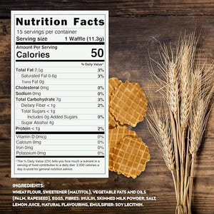 Nutrition facts of La Nouba Belgian Crisp Waffles showing 50 calories, low carb, no added sugar