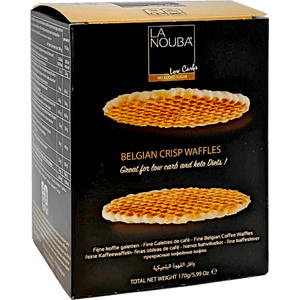 Front view of La Nouba Belgian Crisp Waffles box – low carb, no sugar added, keto friendly