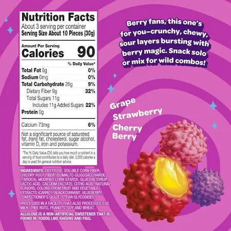 Nutrition facts panel for Joyride Gummy Busters Berry Mix showing 90 calories, 11g sugar, and 9g fiber per serving