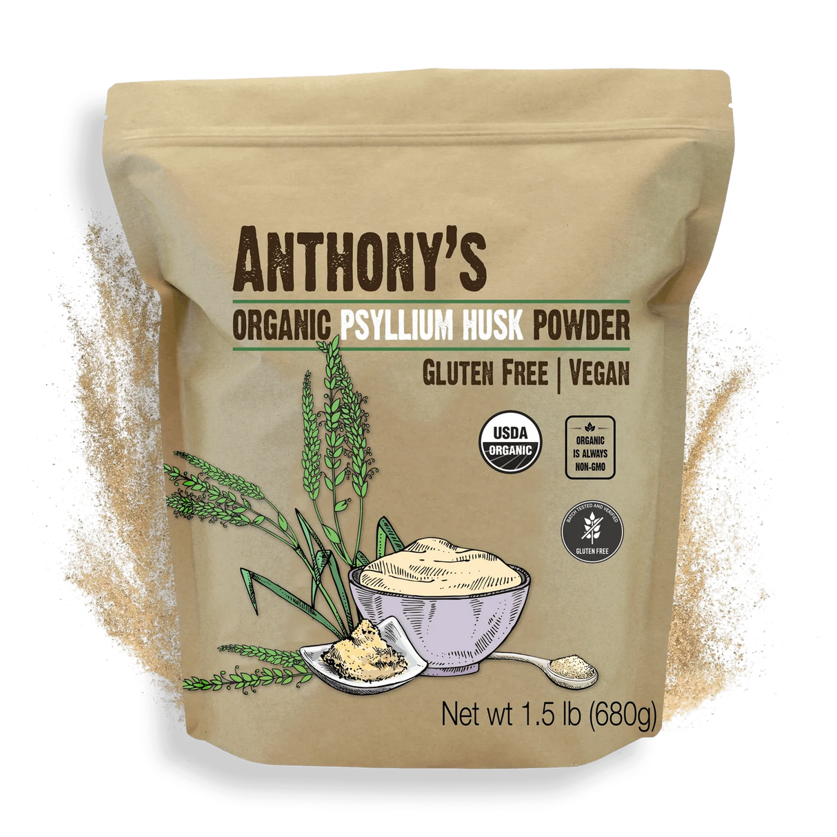 Bag of Anthony's Organic Psyllium Husk Powder on a white background