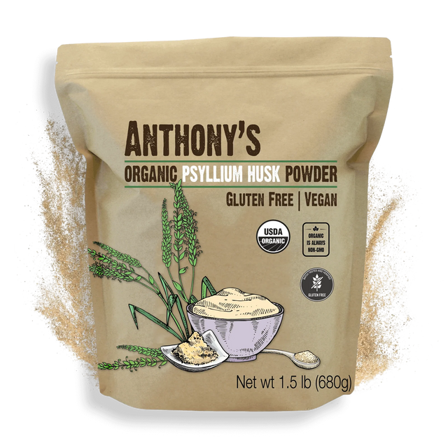 Bag of Anthony's Organic Psyllium Husk Powder on a white background