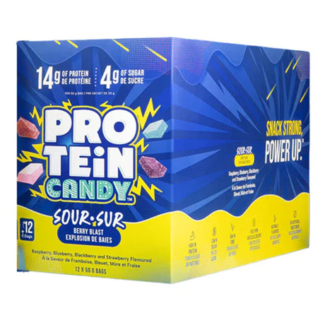 Box of Protein Candy with blue and yellow design on a white background