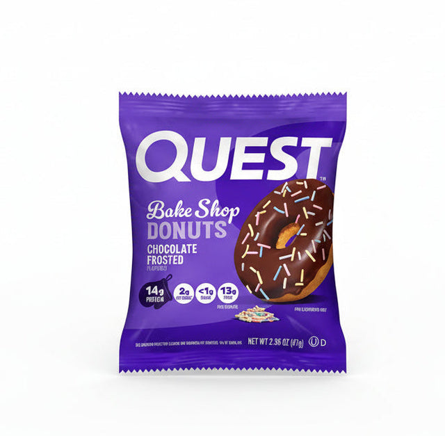 Quest Bake Shop Donuts packaging in purple with a donut illustration on a white background