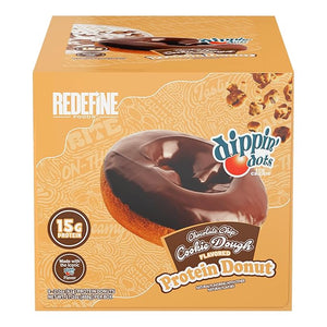Box of Redefine Foods Chocolate Chip Cookie Dough Protein Donuts with 15g protein per serving, high-protein low-sugar snack