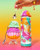 Alani Nu energy drink can with colorful ice cream and a spoon on a gradient background