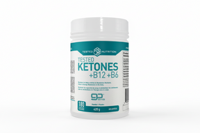 Container of Tested Ketones + B12 + B6 supplement on a white background