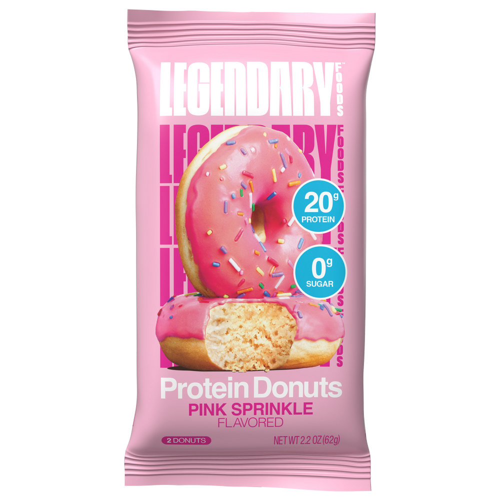 Pink protein donut package with sprinkles on a white background