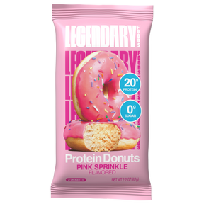 Pink protein donut package with sprinkles on a white background