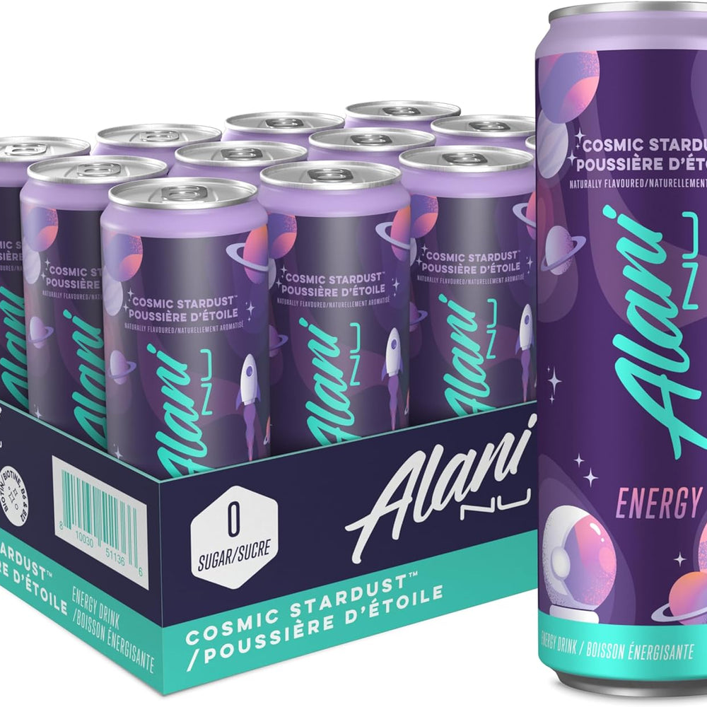 Alani Nu energy drink cans with packaging on a white background