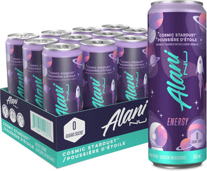 Alani Nu energy drink cans with packaging on a white background