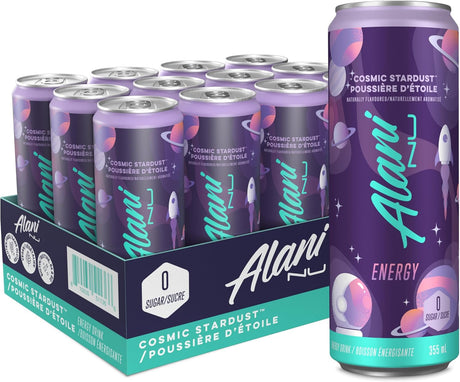 Alani Nu energy drink cans with packaging on a white background