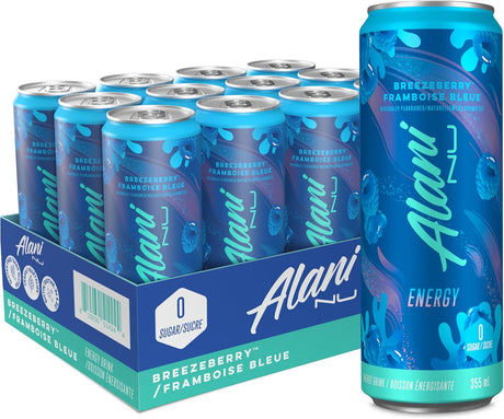 Alani Nu energy drink cans with a box in the background