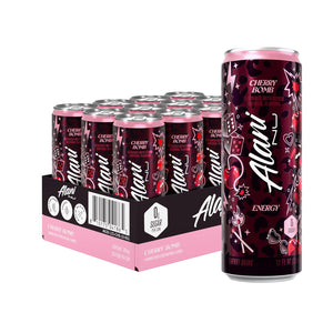 Alani Cherry Bomb energy drink cans with packaging on a white background