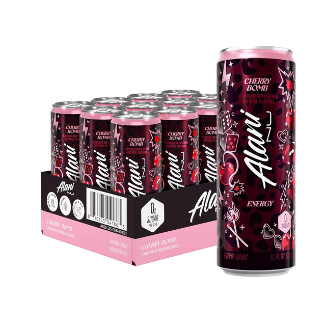 Alani Cherry Bomb energy drink cans with packaging on a white background