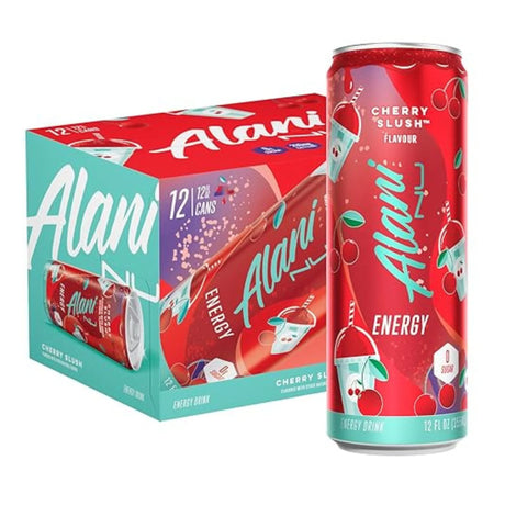 Alani Cherry Slush energy drink can and packaging on a white background