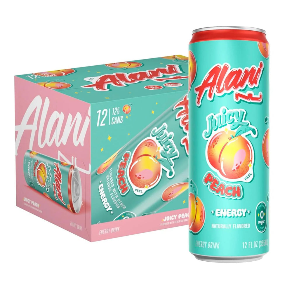 Alani Juicy Peach energy drink can and packaging on a white background