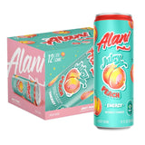 Alani Juicy Peach energy drink can and packaging on a white background