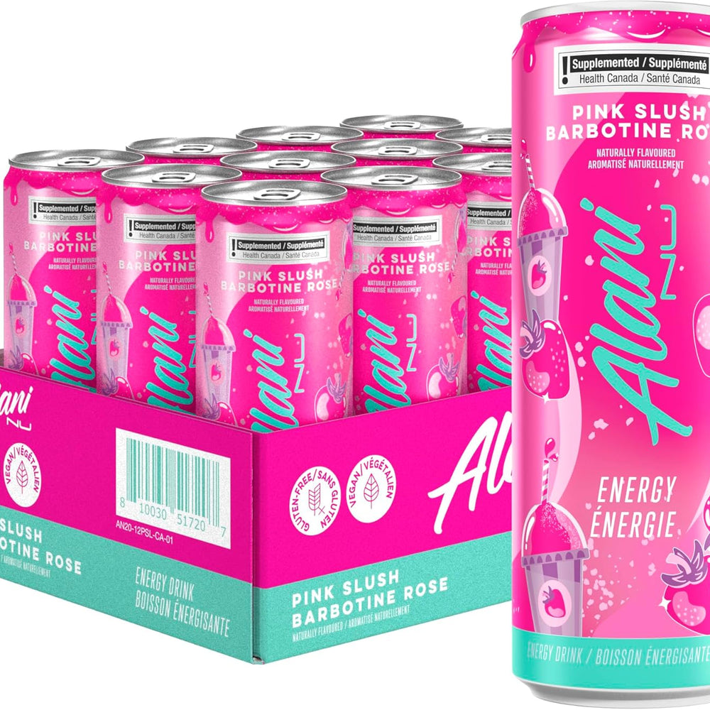 Pink energy drink cans with packaging labeled 'Alani' on a white background