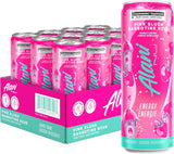 Pink energy drink cans with packaging labeled 'Alani' on a white background