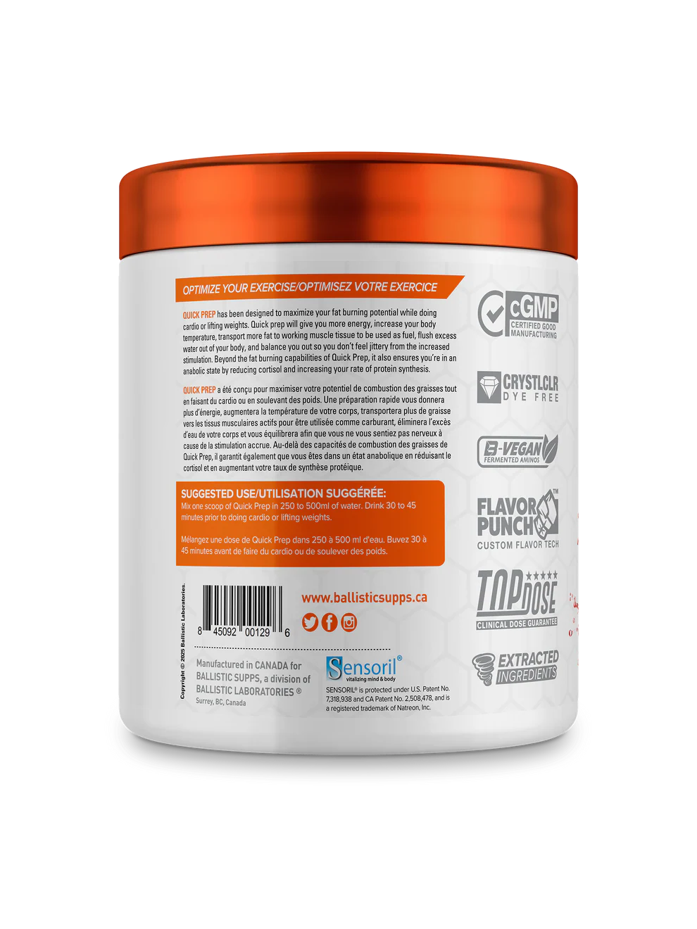 Back of Ballistic Quick Prep Scandy Candy container displaying product directions, certifications, website, and icons for the natural metabolism booster and energy and fat burner supplement.