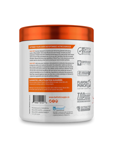 Back of Ballistic Quick Prep Scandy Candy container displaying product directions, certifications, website, and icons for the natural metabolism booster and energy and fat burner supplement.