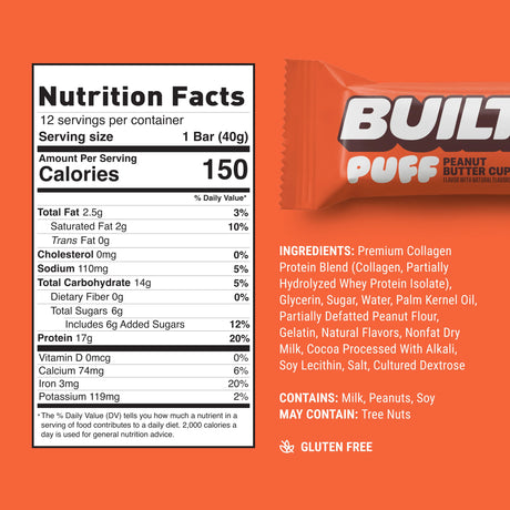 Built Bar Puffs Canada - Peanut Butter Cup Protein Bar 40g - Nutrition Facts