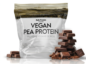 Bag of Bulk Protein Vegan Pea Protein with chocolate bars on a white background