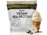Vegan pea protein package from Bulk Protein Canada with a vanilla ice cream cone and vanilla flower on a white background.