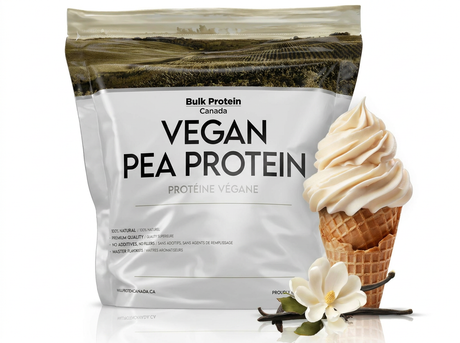 Vegan pea protein package from Bulk Protein Canada with a vanilla ice cream cone and vanilla flower on a white background.
