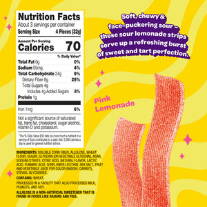 Nutrition facts panel for Joyride Sour Pink Lemonade Strips, showing 70 calories, 4g sugar, 8g fiber per serving