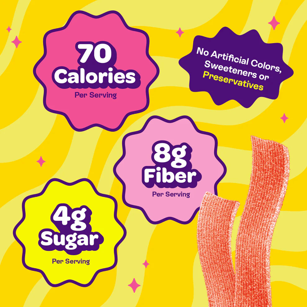 Joyride Sour Pink Lemonade Strips with 70 calories, 8g fiber, and 4g sugar per serving