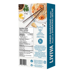 Liviva dried shirataki noodles nutritional label and cooking instructions - low carb keto pasta alternative