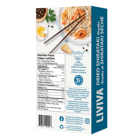 Liviva dried shirataki noodles nutritional label and cooking instructions - low carb keto pasta alternative